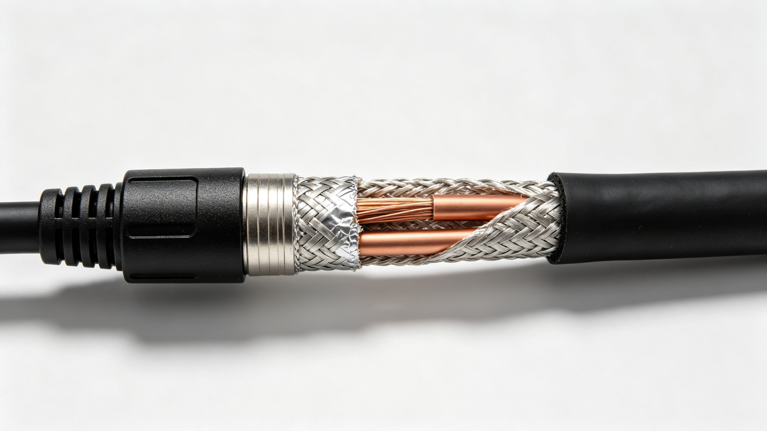 Industrial audio cable fitted with gold-plated XLR connectors for stable low-level signal transfer